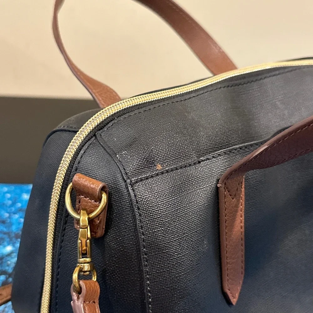 Fossil Sydney Satchel Black Brown Leather Trim Crossbody Bag